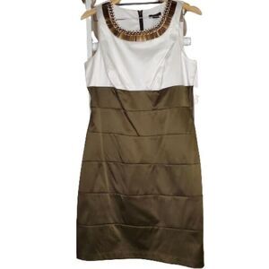 BISOU BISOU Dress Womens 14 Green White Sheath Stretch Beads Sleeveless Zip NEW